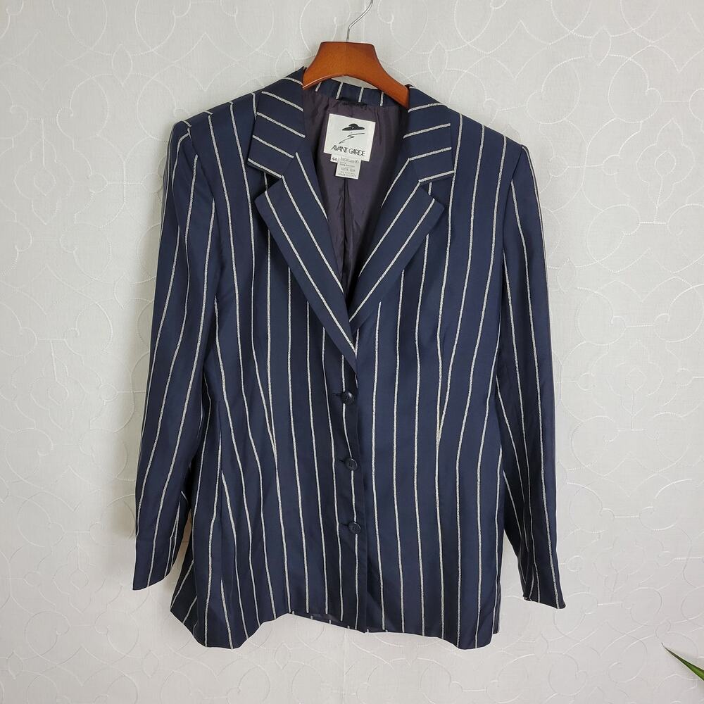 Vintage Avant‎ Garde Silk Jacket Womens 44 Navy Blue Pin Striped Italian Minimal